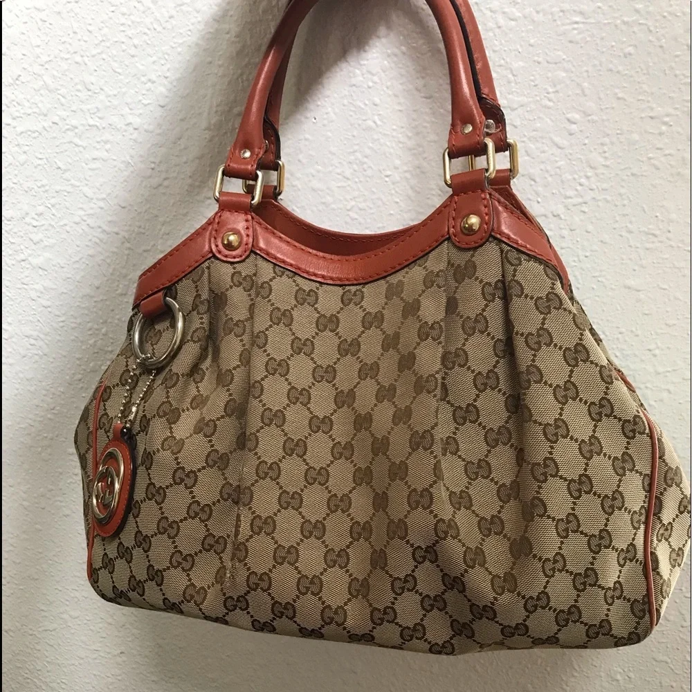 Gucci GG Canvas Tote Bag Beige Monogram w/ Coral Orange Leather Trim & GG Charm - Picture 6 of 8